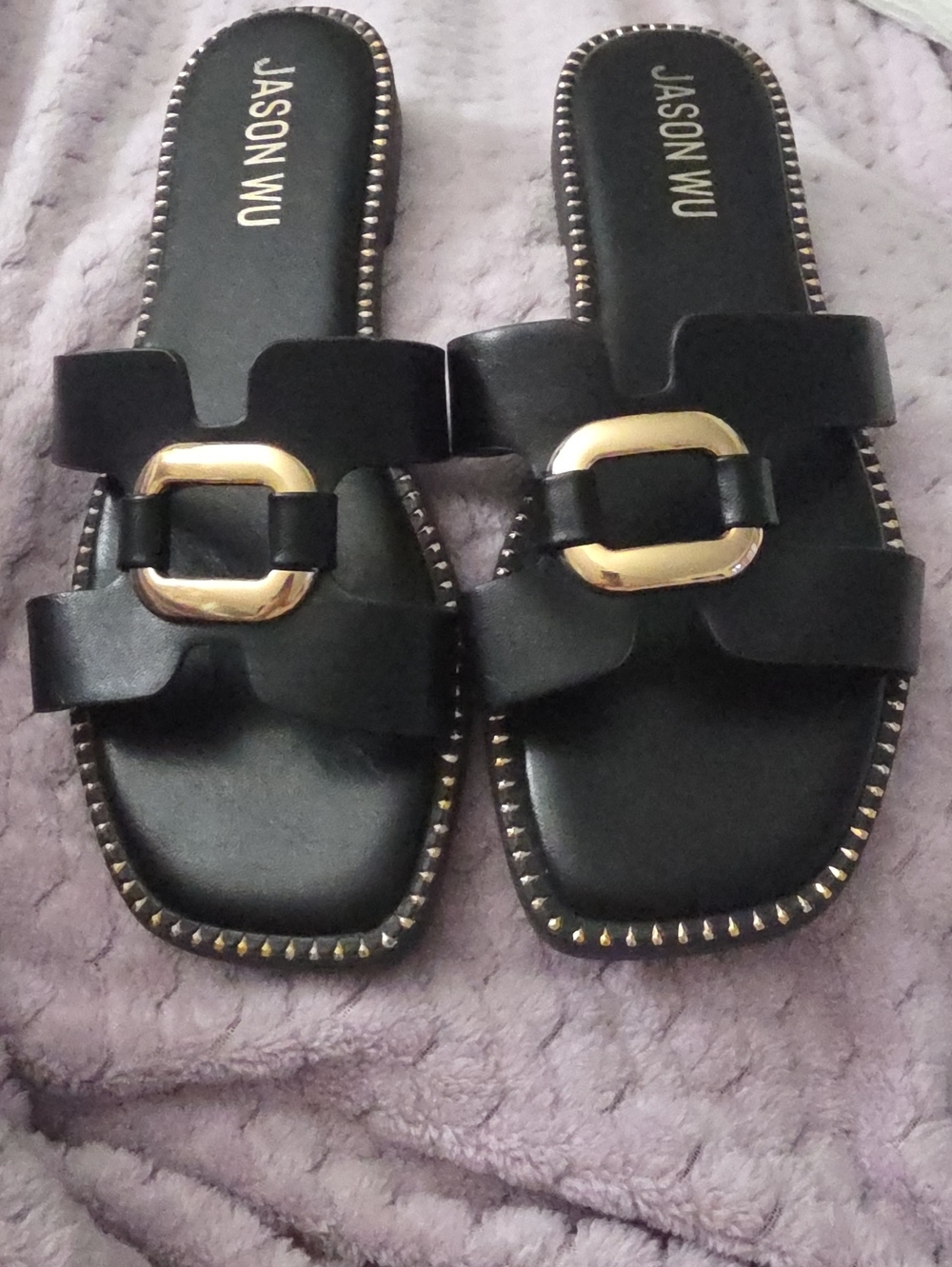 Jason Wu Black Slide Sandals with Gold Buckle Accent Sz 10 No Box Unworn